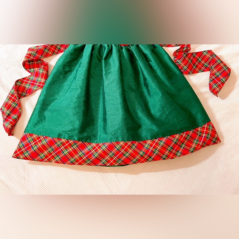 LAURA ASHLEY LONDON Holiday GIRLS LINED DRESS GREEN WITH RED PLAID TRIM Sz 4T - Picture 5 of 12
